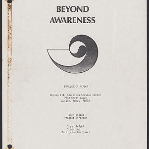 Photocopy and typewritten cover of Beyond Awareness evaluation report with a black illustration of a spiral shape