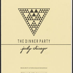 Printed cover of The Dinner Party Education Kit with illustrations in black of two downward pointing triangles filled with patterns of black triangles on yellow paper