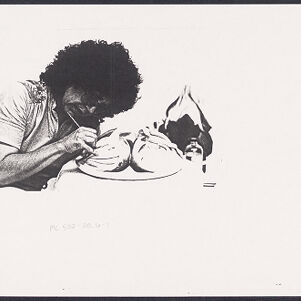 Black-and-white photocopy of a photograph of Judy Chicago, a woman with shoulder-length curly hair and eyeglasses, working on a sculpture of two rounded, organic forms