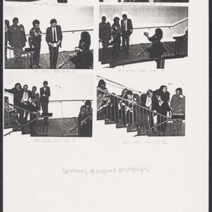 Black-and-white photocopy of six photographs of people standing on a staircase