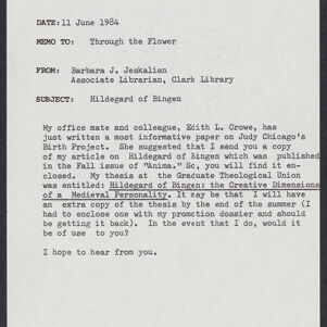 Typewritten memo to Through the Flower from Barbara J Jeskalian on San Jose State University letterhead