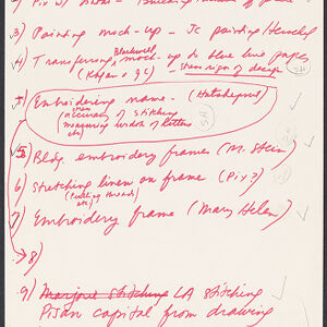Handwritten list in red ink with checkmarks in pencil