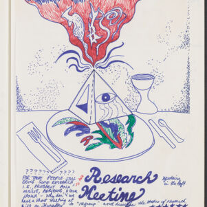 Color illustration of a place setting with a pyramid resting on the plate where the pyramid has an eye and organic forms emanating from its top, and handwritten text below