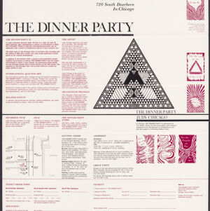 Printed invitation to The Dinner Party exhibition with an upward-pointing triangle filled with geometric designs in black, six smaller rectangular abstract illustrations in red, and a map