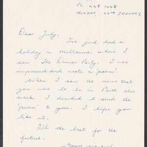 Handwritten letter in blue ink to Judy from Helen Budge