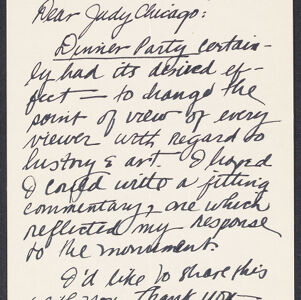 Handwritten note to Judy Chicago from Linda Blaker Hirsh with printed address label in the upper left
