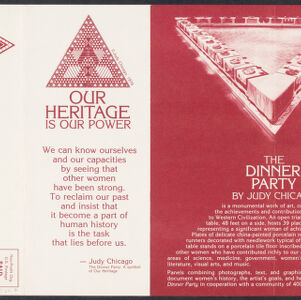 One-color printed mailer for The Dinner Party in red with a large photograph of a triangular table with an open center lined with place settings, an illustration of an upward-pointing triangle filled with geometric patterns, and another upward-pointing triangle with a letterform in its center