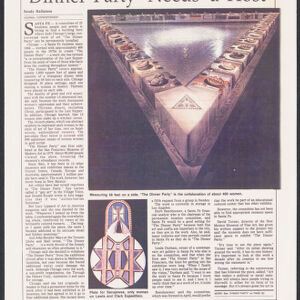 Color photocopy of an article about The Dinner Party with two illustrations: a photograph of a triangular table with an open center lined with place settings, and a photograph of a plate decorated with an abstract star design