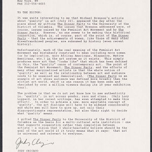 Typewritten letter to the editor of The New York Times from Judy Chicago