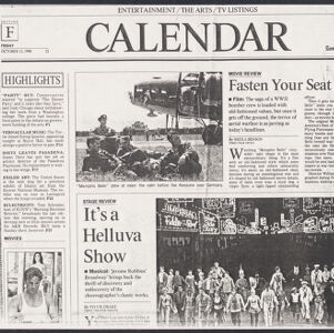 Black-and-white photocopy of the front page of the Calendar section from the Los Angeles Times with three illustrations: a photograph of four men sitting in the grass in front of a military airplane, a photograph of the curtain call of a Broadway show with city lights in the background, and a portrait of a man wearing a tank top