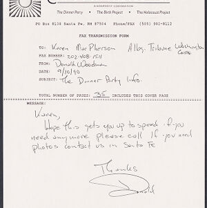 Handwritten and printed fax cover sheet on Through the Flower letterhead