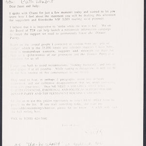 Fax copy of a typewritten letter to Janet and Judy with handwritten annotations