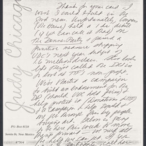 Handwritten note in black ink on photocopied Judy Chicago letterhead