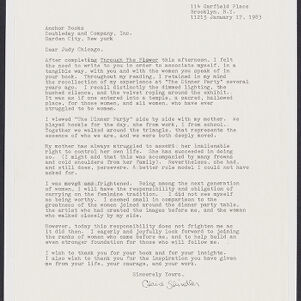 Typewritten letter to Judy Chicago from Claire Shindler