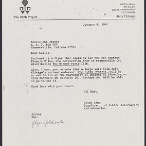 Typewritten letter to Leslie Ann Jacobs from Susan Lynn on The Birth Project letterhead with handwritten annotation