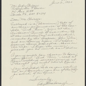 Handwritten letter to Judy Chicago from Jay Reseborough in black ink on off-white paper