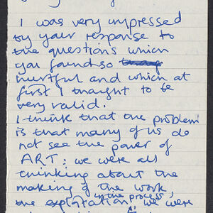 Handwritten note to Judy Chicago in blue ink on white lined paper