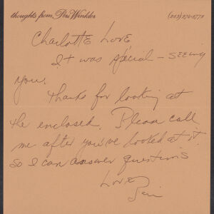 Handwritten note to Charlotte Love from Peri Winkler in black ink on light brown Peri Winkler note paper