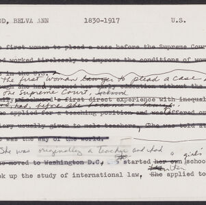 Typewritten note card with biographical information and extensive handwritten annotations in black ink