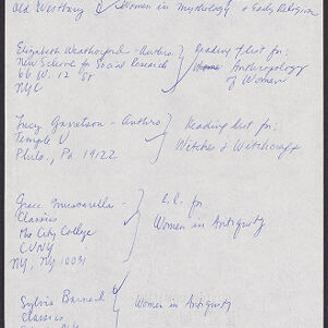 Handwritten, annotated list of women with contact information in blue ink on white paper