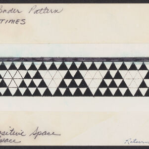Hand drawn row of six upward-pointing triangles each composed of smaller black triangles with handwritten annotations