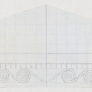 Hand drawn diagram in pencil on white graph paper of a pediment with a trim of interlocking spirals 
