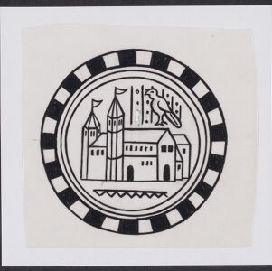 Drawing in black ink and correction fluid of a cathedral with a large bird above it, contained in a circle with a striped border