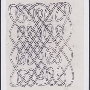 Drawing in pencil and black ink of a single line looped and interwoven with itself to form a decorative pattern