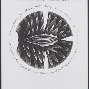 Black-and-white photocopy of a circular drawing of a vulva-like shape surrounded by radiating rows of tentacle-like protrusions and ringed with handwritten annotations