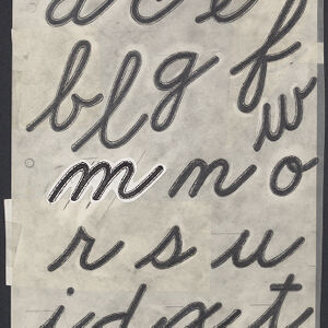 Black-and-white photocopy of hand drawn cursive letters including one that is collaged