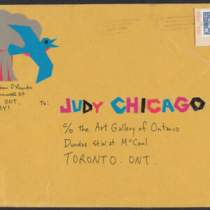 Orange envelope addressed to Judy Chicago in multicolored lettering with an illustration of a bird in the upper left