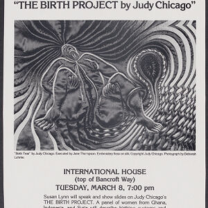 Black-and-white printed invitation with an illustration of a woman giving birth surrounded by radiating lines