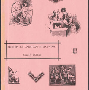 Printed cover page on pink paper with six black and white illustrations of women performing domestic work