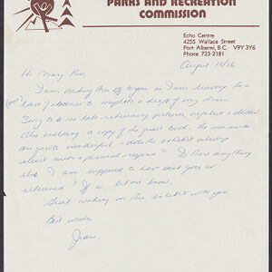 Handwritten letter in blue ink on City of Port Alberni Parks and Recreation Commission letterhead