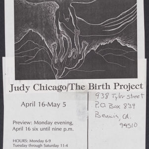 Black-and-white mockup of a mailer with an illustration of a female figure descending from the sky holding hands with arms that emanate from a hilly landscape