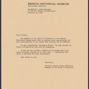 Typewritten letter on light brown Benicia Historical Museum letterhead