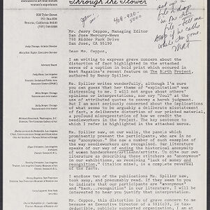 Typewritten letter on Through the Flower letterhead with handwritten annotations in black ink