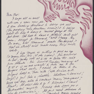 Handwritten letter with an abstract, pink, flame-like illustration in the upper right