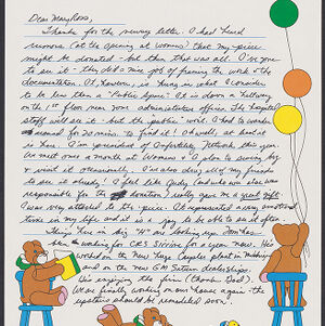 Handwritten letter on stationery printed with illustrations of bears and balloons