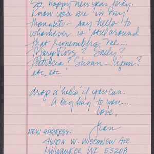 Handwritten letter in blue ink on pink, lined paper