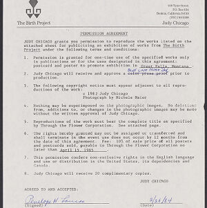 Typewritten contract on The Birth Project letterhead with handwritten annotation