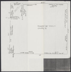 Hand drawn diagram of gallery floor plan in black ink on white paper