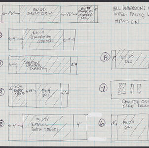 Hand drawn diagram of eight horizontal rectangles with handwritten annotations in black and red on white graph paper