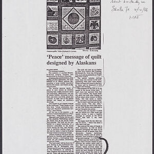 Photocopy of a newspaper article with handwritten annotations and a photograph of a quilt with a large central square surrounded by smaller square panels depicting natural motifs