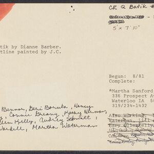 Typewritten note card with handwritten annotations and orange ink in the upper left corner