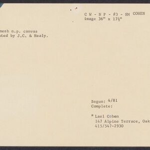 Typewritten note card with blue ink in the upper left corner
