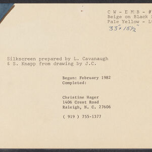 Typewritten note card with handwritten annotations and blue and brown ink in the upper left corner