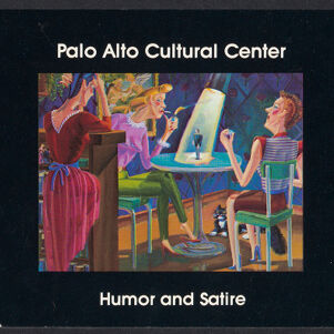 Full color printed postcard with a painting of two figures sitting at a round table as another figure stands nearby and on the table is a small figure standing in a spotlight and one figure at the table is lighting a cigarette