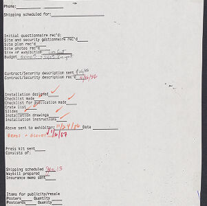 Typewritten form with handwritten annotations in black, red, and orange ink