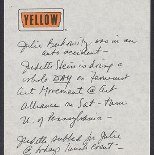 Handwritten note in black ink on white note paper with a Yellow logo